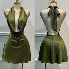 1 pieza Vestido corto de satén de unicolor y espalda descubierta, vestido de playa, vestido mini elegante para mujer, vestido casual elegante, vestido fluido, vestido corto de verano - Burdeos - Ver 2
