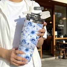 1/5pcs 30oz Large Capacity Insulated Tumbler, Blue Watercolor Floral Print, Dual-Use Flip Lid, Leak-Proof Seal, Suitable For Summer Outings, Camping And Daily Use, Great Gift - Blue Watercolor Floral Pattern - View 3