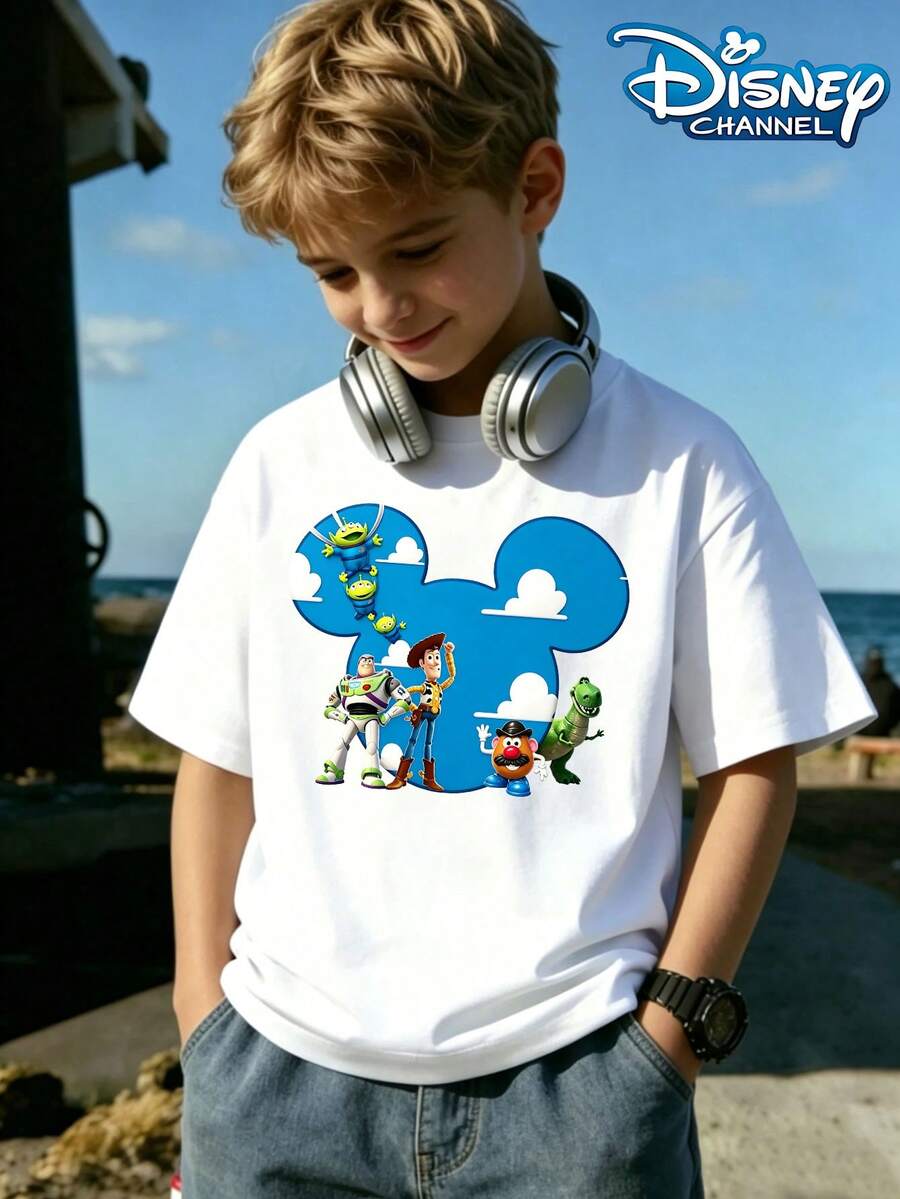 Disney Buzz Lightyear T-Shirt, Buzz Lightyear, Woody, Mr. Potato Head, Alien, Combining Toy Story And Mickey Elements, Playful And Energetic Top Print Pattern Summer Tops,Short-Sleeved Casual And Cute Style Children's Clothing Design, Girl Clothes,Boy Kids Clothes ,Ropa Para Niños,Teen Girls Clothes, Summer Clothes,Boys Summer Outfits,Boys Clothes,Perfect For Cool Girls. Comfortable And Breathable Children's Short-Sleeved T-Shirt. Comfortable And Casual Wear All Year Children's Clothes,Comfortable & Lightweight, Iconic Print For Mix-And-Match Outfits,Suitable For Both Boys And Girls. - White - View 1