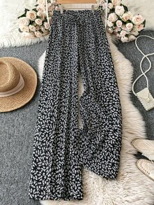 Retro Plus Size Women'S Valentine'S Day Allover Print Woven Wide Leg Pants, Regular Fit Casual Trousers, Summer, Rave, Spring Break, Boho Fall Cloth For Women Capri For Women Beach Outfit For Woman Y2K Clothing Women - 黑色 3 - 查看 1