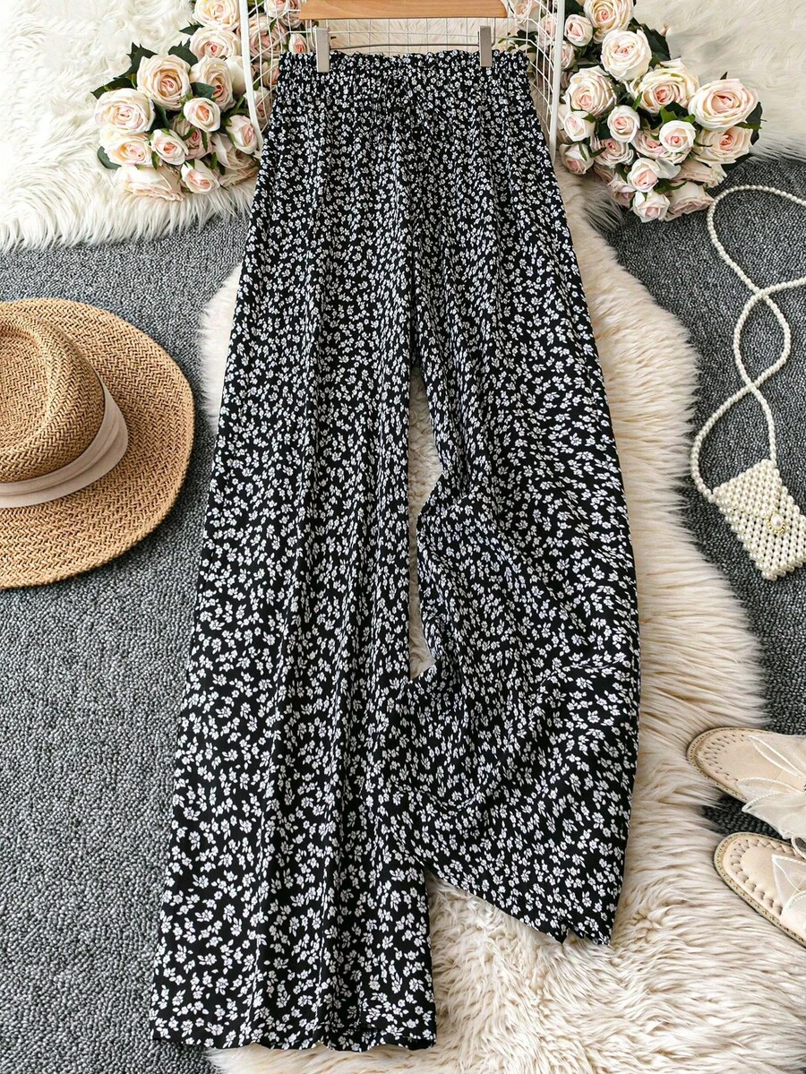 Retro Plus Size Women'S Valentine'S Day Allover Print Woven Wide Leg Pants, Regular Fit Casual Trousers, Summer, Rave, Spring Break, Boho Fall Cloth For Women Capri For Women Beach Outfit For Woman Y2K Clothing Women - 黑色 3 - 查看 1