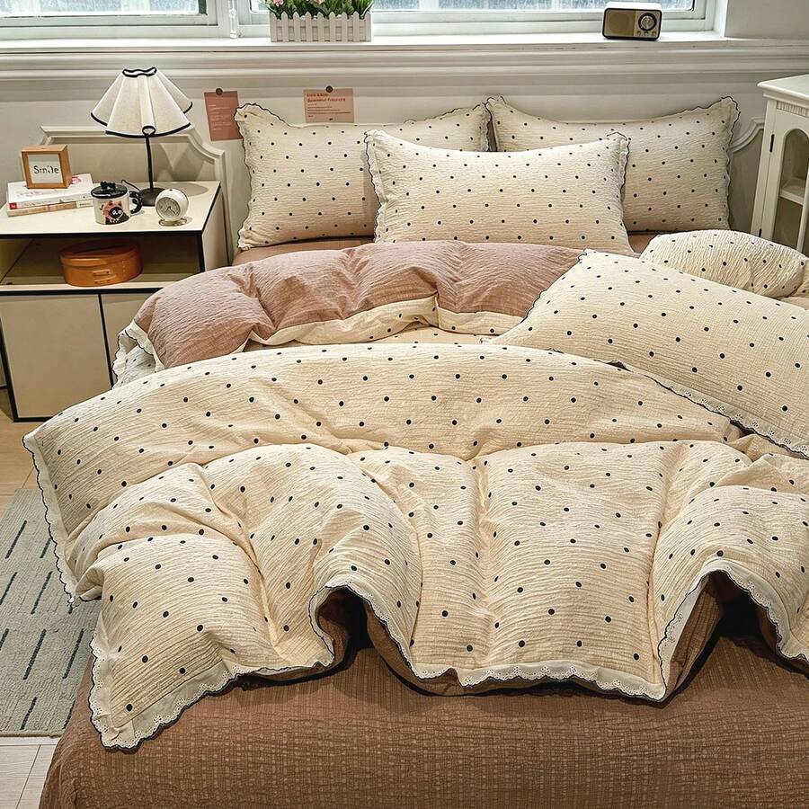 4-Piece Ruffled Duvet Cover Set, Soft And Comfortable Bedroom Bedding, Ruffled Design With Cute Floral And Cartoon Animal Patterns, Breathable And Soft All-Season Bedding Set, Includes 1 Duvet Cover, 1 Bed Sheet, 1 Or 2 Pillowcases, No Filling, Suitable For Bedroom, Dorm, Home Use, Multiple Size Options - Maroon - View 1