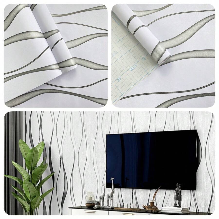 1 Roll White Striped Vinyl Wallpaper Modern 3D Water Ripple Thickened PVC Material Suitable For Living Room Bedroom Kitchen Home Decor Easy Installation DIY Simple Installation Sticker Cover Film Wallpaper 17.7inX39.3/118.1/196.8/393.8in