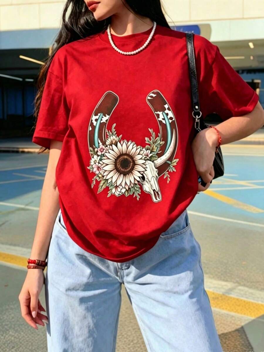 Women's Printed T-Shirt, Lightweight, Breathable, Comfortable, And Versatile. 100% Cotton, Cool And Airy, Machine Washable. Stylish Summer Wear With A Modern, Urban Feel. - 紅色 - 查看 1