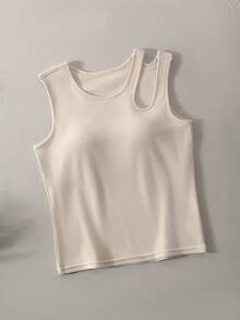 Atasan Tank Top Rajut Bergaris Wanita dengan Bantalan yang Dapat Dilepas, Rompi Bertali Berongga dengan Leher Bulat dan Bahu Terbuka, Pakaian Luar Serbaguna dan Bernapas - Aprikot - View 5