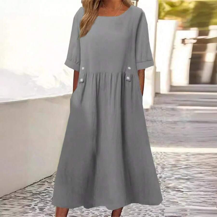 2026 Summer Short-Sleeve Cotton-Linen Dress New Round Neck Loose Mid-Length Plus Size Dress - Grey - View 1