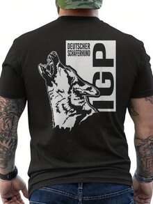 Camiseta para hombres amantes del pastor alemán - Diseño de impresión en la parte posterior con texto alemán y emblema de GSD - Transpirable, ajuste cómodo, cuello redondo casual de manga corta - Camisa de uso casual - Ropa de todas las estaciones para propietarios de perros y fanáticos del pastor alemán - Negro - Ver 1