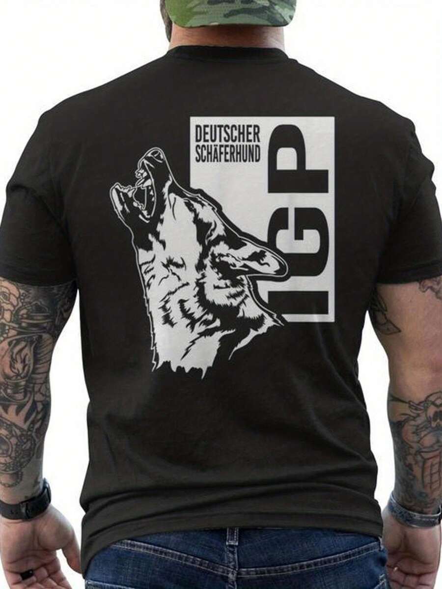 Camiseta para hombres amantes del pastor alemán - Diseño de impresión en la parte posterior con texto alemán y emblema de GSD - Transpirable, ajuste cómodo, cuello redondo casual de manga corta - Camisa de uso casual - Ropa de todas las estaciones para propietarios de perros y fanáticos del pastor alemán - Negro - Ver 1