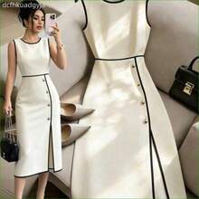 Vestido decorativo de bloque de color negro y blanco de diseño de nicho de alta gama francés, versátil y sexy para mujeres, vestido de fiesta elegante, atuendo de resort para mujeres, atuendo del Día de San Valentín para mujeres, vestido blanco y negro para mujeres, vestido de primavera/verano, atuendo de playa, vestido de bloque de color para mujeres - Blanco y Negro - Ver 1