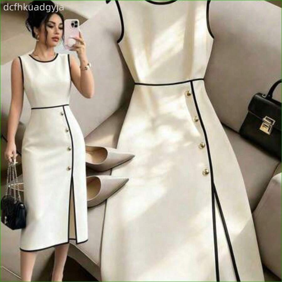 Vestido decorativo de bloque de color negro y blanco de diseño de nicho de alta gama francés, versátil y sexy para mujeres, vestido de fiesta elegante, atuendo de resort para mujeres, atuendo del Día de San Valentín para mujeres, vestido blanco y negro para mujeres, vestido de primavera/verano, atuendo de playa, vestido de bloque de color para mujeres - Blanco y Negro - Ver 1