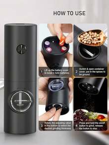Máy xay tiêu và muối điện (1/2 chiếc), dùng pin, điều chỉnh độ mịn, xay tự động, thích hợp cho tiệc nướng, nhà hàng, nhà bếp - Có thể xay tiêu đen, tiêu trắng, muối biển, thì là. - màu đen - Xem 6