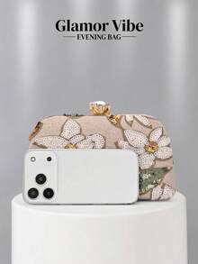 Elegant Versatile Sparkling Charm Embroidered Floral Evening Clutch, Shimmering Champagne Base With Glitter Leaf Design And Rhinestone Clasp, Detachable Chain Suitable For Wedding, Party, Cocktail, Formal Occasions And Daily Use - Champagne - View 5