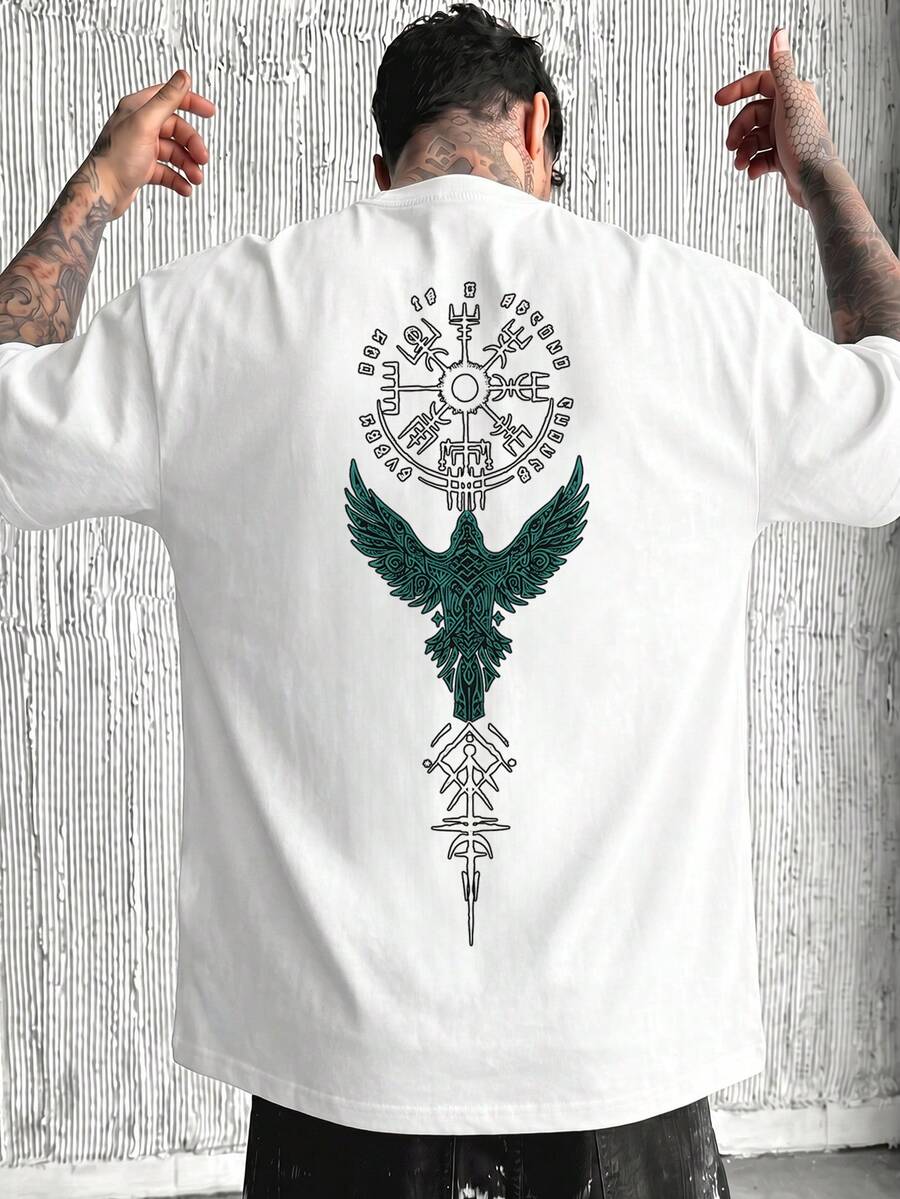 FRACTYR Men's Summer Casual Street Style Washed Black T-Shirt, Nordic Mythology Rune Print, Loose Fit Graphic Round Neck Short Sleeve Tee - White - View 1