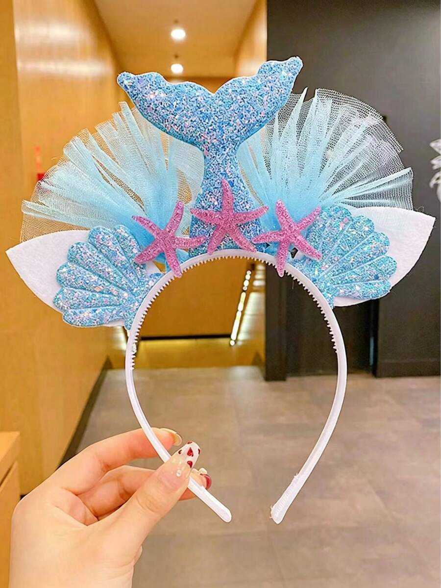 1pc Mermaid Themed Headband With Tulle, Starfish & Shell Decor, Suitable For Party Costume - Blue - View 1