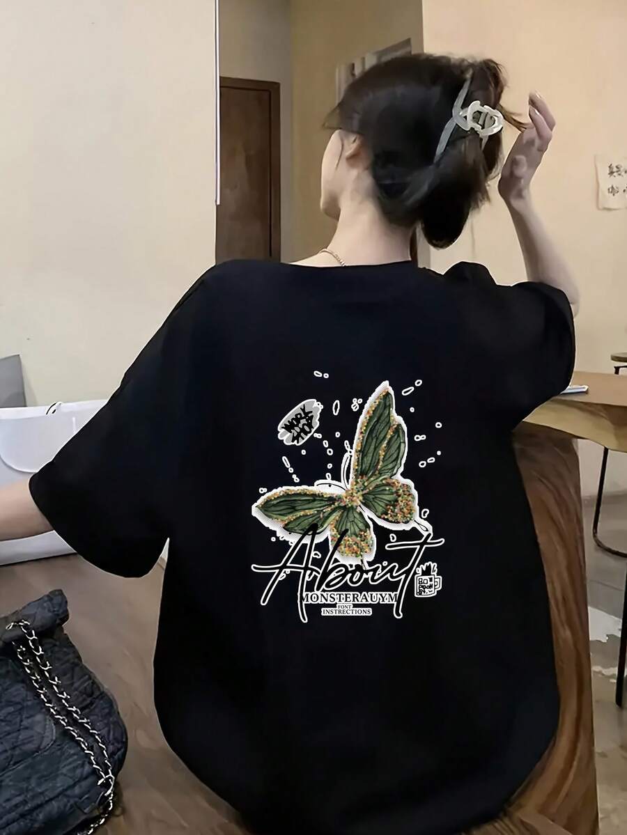 100% Cotton. Casual Short-Sleeved Printed T-Shirt. 1pac Women's Summer Short-Sleeved T-Shirt, Slim-Fit Short-Sleeved T-Shirt With Cartoon Print, Top, Base Layer. #3333. Spring Summer Top - 黑色 - 查看 1