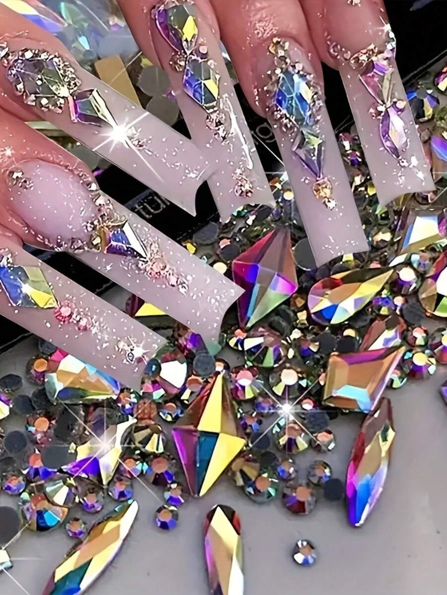 200 piezas de diamante de imitación redondos planos talla grande 20 piezas de diamante de imitación grandes de formas irregulares planos en negro y azul luna cúbica para decoración de uñas - Negro - Ver 1