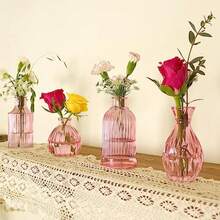 Jarrón do, jarrones de brote, juego de 12, pequeños jarrones de vidrio para flores, moderno jarrón de vidrio acanalado para decoración, florero de boda, decoración clásico a granel, centros - Rosa - Ver 5