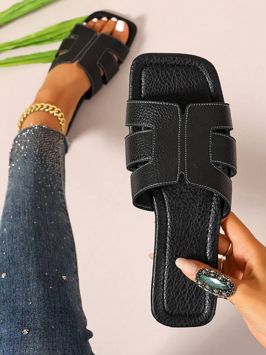 Ximi Ruo Women's Spring/Summer New Fashion Casual Slides, Comfortable Flat Heel Sandals, Beach Shoes, Low Heel Round Toe Minimalist Outdoor Slides, Versatile Decorative Flat Sandals For Summer - Black - View 1