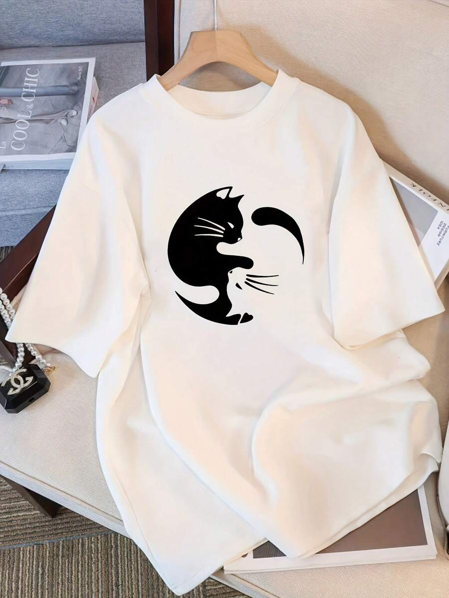 100 % bomull. Avslappnad, kortärmad t-shirt med tryck. 1pac damtopp med löst sittande, avslappnad, kortärmad, enfärgad t-shirt med ett sött tecknat tryck, en figurnära och smickrande design. En topp för vår och sommar. - Vitt - Visa 1