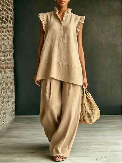 Women's Elegant Minimalist Solid Color Casual Lace Collar Top And Solid Color Long Pants Daily 2-Piece Set