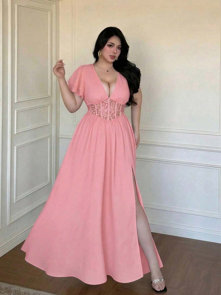 Vibekara Nuevo vestido de verano elegante con parches de encaje negro y cintura ceñida que reduce la edad - Rosa - Ver 1