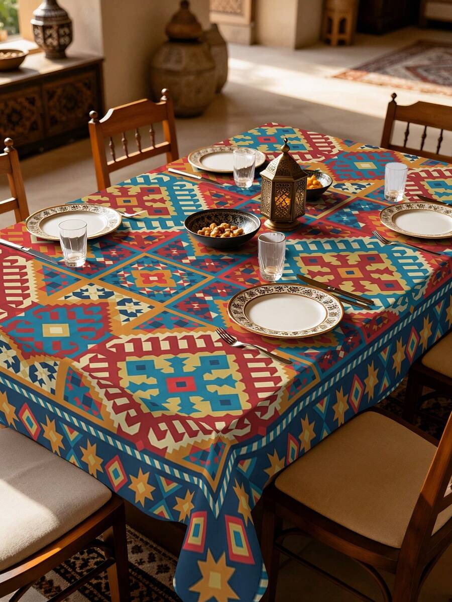 1/2pcs Tablecloth, Geometric Pattern Tablecloth, Polyester Material, Suitable For Kitchen, Dining Room, Coffee Table, Dining Table, Round Or Square Optional, Ideal For Picnic, Camping, Country Farmhouse Decor, Colorful Diamond Pattern Star Design, Perfect For Table Protection And Holiday Decoration - Multicolor - View 1