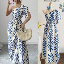 Vestido ajustado con mangas abullonadas, cintura con lazo y estampado floral elegante para mujer, azul y blanco, primavera/verano - Café integral - Ver 5