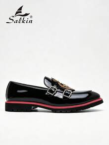 Salkin 奢华复古设计师男士乐福鞋，优雅绅士社交皮鞋，双扣设计，刺绣蜜蜂和皇冠图案，亮面漆皮，轻便休闲正装鞋，适合商务、派对、婚礼、正式场合以及春秋季节穿着。尺码偏小，请订购大一码。 - 黑色 - 查看 4