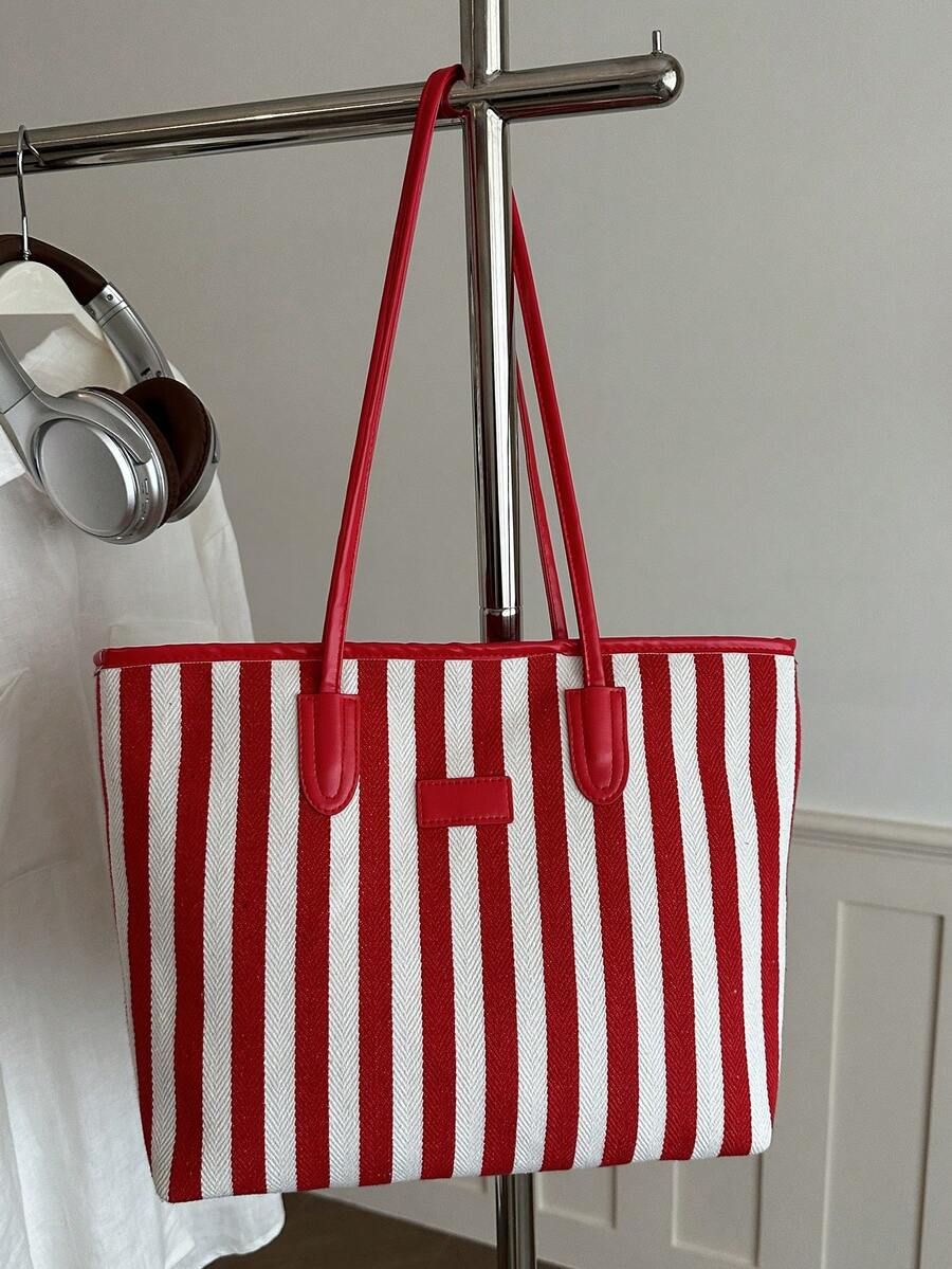 European And American Cross-Border Personalized Large Capacity Striped Minimalist Printed Tote Bag, New Women's Rhombus Commuter Shoulder Bag - Red - View 1