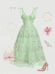 MOD Vestido de mujer talla grande con tirantes de espagueti de malla bordada, vestido fluido, vestido de lechera, vestido de corsé - verde menta - Ver 1