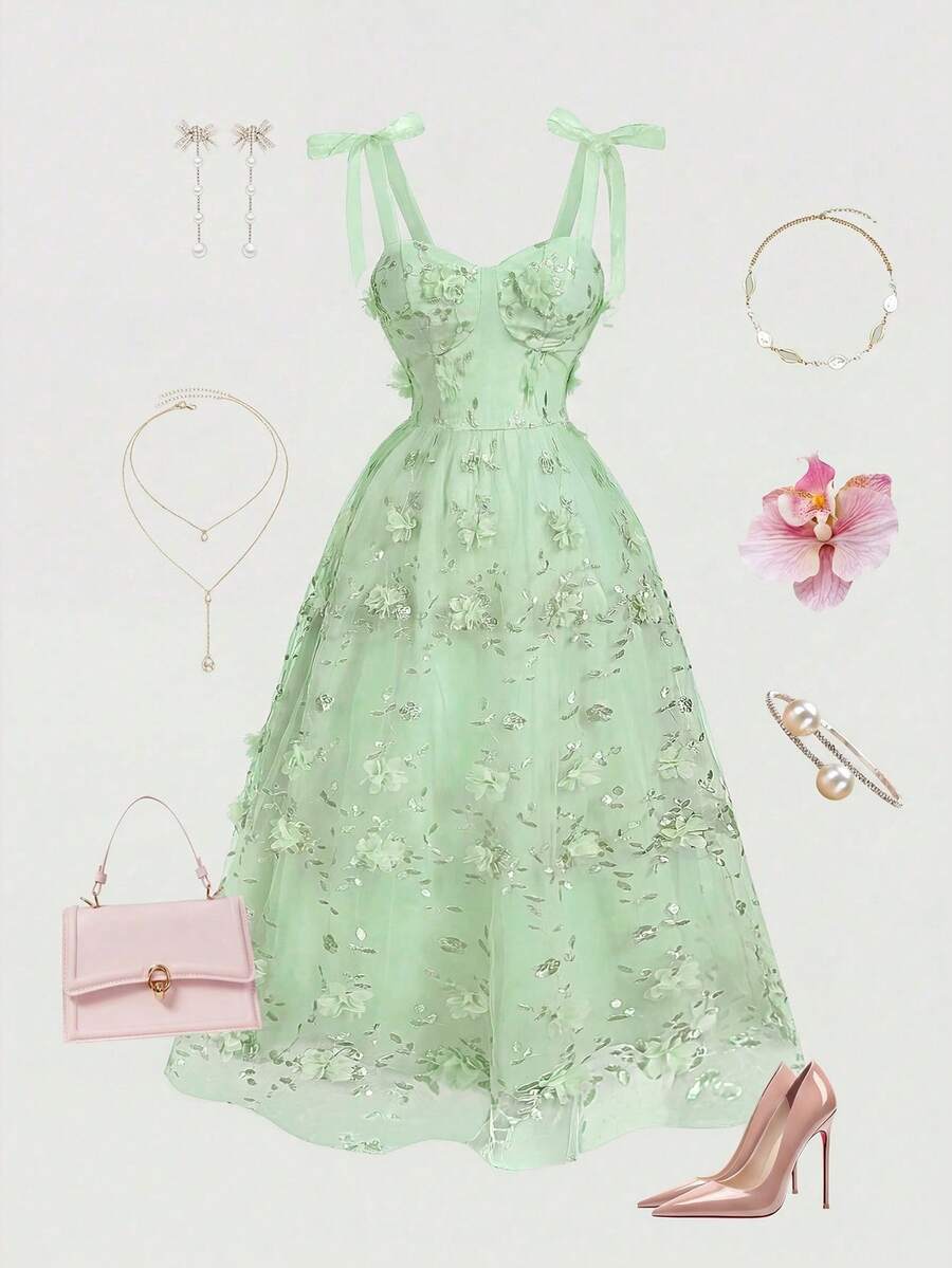 MOD Vestido de mujer talla grande con tirantes de espagueti de malla bordada, vestido fluido, vestido de lechera, vestido de corsé - verde menta - Ver 1