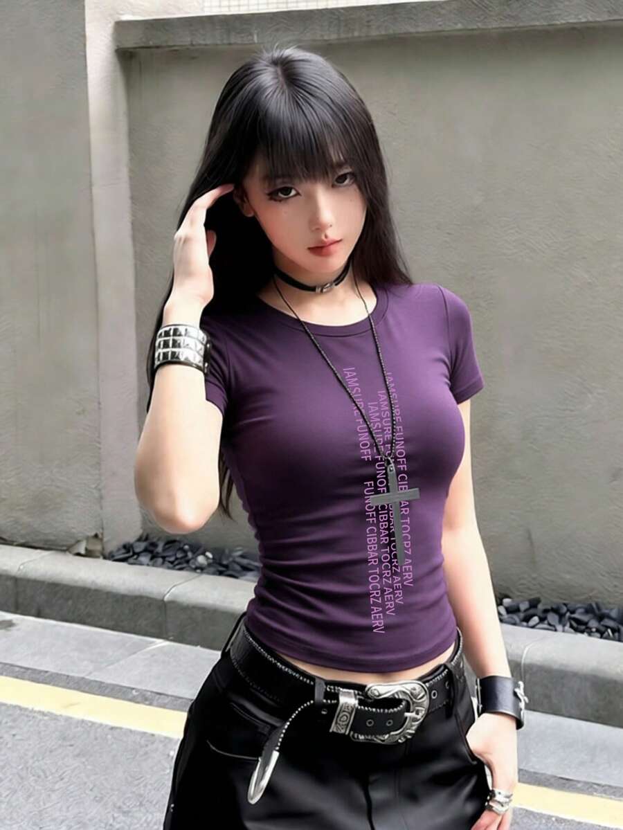 女款圓領短袖T恤,夏季新款字母印花,美式辣妹風,時尚休閒百搭修身短版上衣 - 紫色 - 查看 1