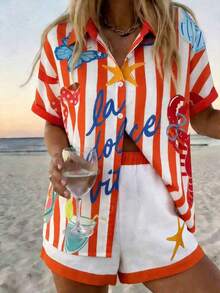 Conjunto de camisa de manga corta con botones y pantalones cortos con estampado de peces para mujer - Naranja 2 - Ver 1