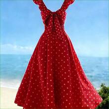 . .  Vestido largo con estampado de lunares, cuello en V, mangas con volantes, cintura plisada, espalda descubierta y lazo, estilo casual de vacaciones, primavera/verano - Rojo - Ver 3