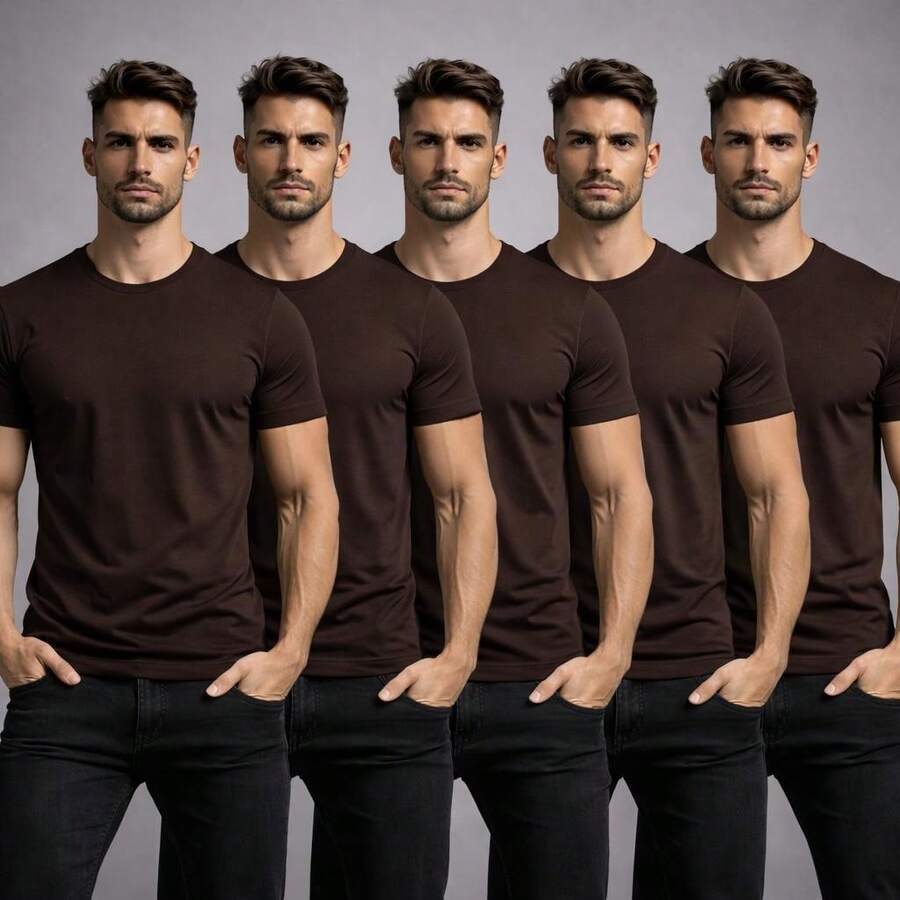 Set Of 5 Men's Basic Plain T-Shirts, 100% Premium Cotton - Brown Kit Of 5 - View 1