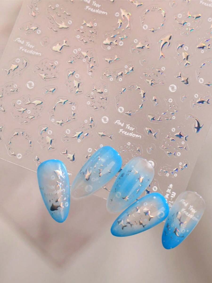 1件 5D 夏季透明海鹽海豚美甲貼紙，夢幻閃亮海豚黏貼式美甲裝飾貼花 DIY 配件 - 彩色 - 查看 1