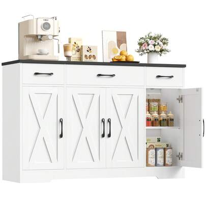 140 Cm Wide Kitchen Cabinet With 2 Adjustable Shelves, Sideboard With 3 Drawers And 4 Doors, Kitchen Buffet For Living Room, Kitchen, Hallway
