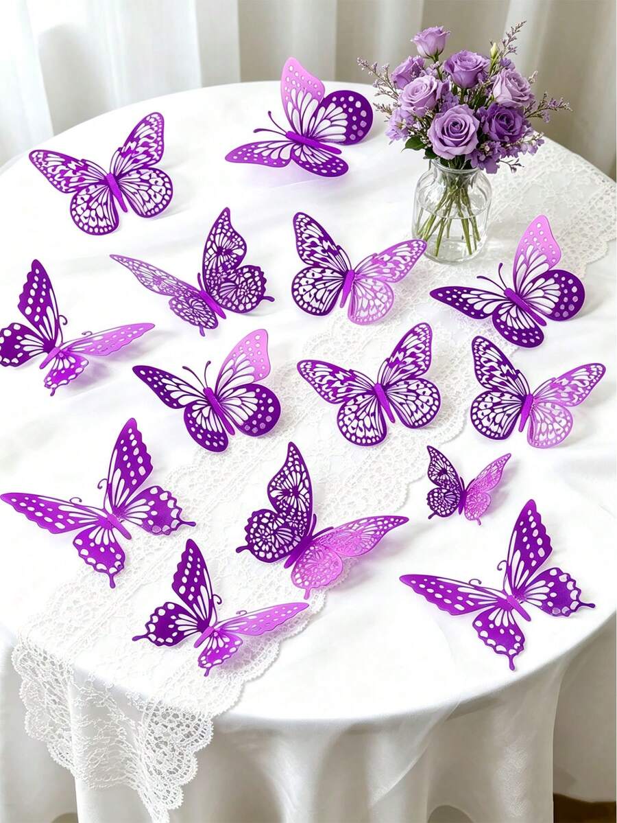12/36/72pcs Butterfly Decoration Set, Purple Butterfly Wall Decals, 4 Styles, 3 Sizes, Removable Butterfly Stickers, Suitable For Room Decor, Home Decor, Crafts, Cakes, Birthdays, Halloween And Tea Parties - Multicolor - View 1