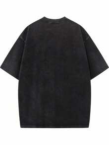 Washed T-Shirt Smile Creative Pattern Print |   Heavyweight  Pure Drop Shoulder Washed Wowomen Retro Street Basic Loose Hip Hop Unisex Top Vintage Was - Black - View 2