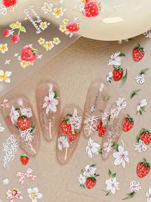 2 pezzi Adesivi per unghie a rilievo 5D a forma di fragola, decalcomanie per unghie estive con frutta e fiori carini e freschi, eleganti toppe autoadesive per unghie con motivi floreali, accessori per la decorazione fai-da-te del design delle unghie estive - Multicolore - Visualizzare 8