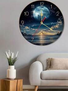 1pc 10"/12" Modern Wooden Night Sky Moon Design Wall Clock, Classic Style With Gold Numerals, Wall Mounted, Suitable For Home Or Office Decor, Nighttime Decor | Landscape Wall Clock | Durable Wall Clock, Wall Clock Decor - Multicolor - View 2