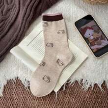 MINISO Hello Kitty Embroidery Crew Socks, Made Of Premium Cotton Blend, Soft, Breathable, Skin-Friendly, Stretchy & Comfortable Mid-Calf Socks, Cozy Warm Casual Socks For Fall Winter, Ideal For Daily Wear, Work, Street Style & Everyday Use - Style 1 - View 1