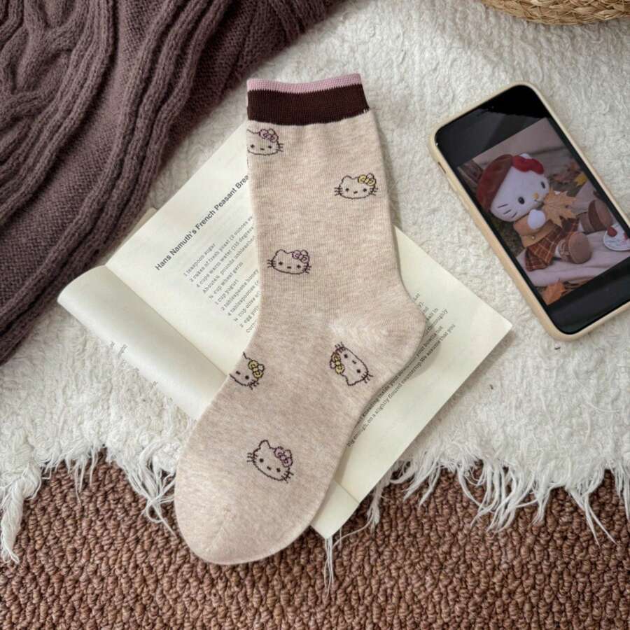 MINISO Hello Kitty Embroidery Crew Socks, Made Of Premium Cotton Blend, Soft, Breathable, Skin-Friendly, Stretchy & Comfortable Mid-Calf Socks, Cozy Warm Casual Socks For Fall Winter, Ideal For Daily Wear, Work, Street Style & Everyday Use - Style 1 - View 1