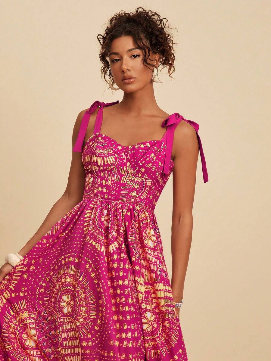 Printed Woven Spaghetti Strap Midi Dress For Vacation - 紫紅色 - 查看 1