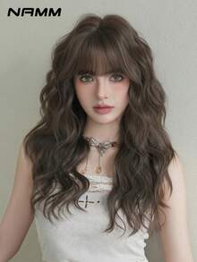 NAMM Wig Rambut Bergelombang Cokelat 22 Inci untuk Wanita, Wig Rambut Serat Sintetis Tahan Panas Mesin Penuh dengan Poni, Ideal untuk Kerja Sehari-hari, Kencan, Pesta & Cosplay - Coklat - View 5