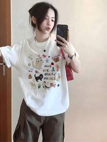 Cute Y2K Style Summer Top. 1pac. Cute Y2K Style Summer Top. Women's 100% Cotton 2000s Style T-Shirt - Cute Cat And Music Note Print, Casual Short-Sleeved Round Neck Top For Spring, Summer, And Fall. Lightweight, Breathable Fabric, Machine Washable. Casual Wear With Cheery Print, Relaxed Fit, Unisex Style, For Couples. Perfect For Casual Wear. - 白色 - 查看 1