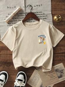 Infant Boy Cute Food Pattern Back Print Basic T-Shirt, Milk Strawberry Croissant Cartoon Pattern Loose Fit Summer Top - Apricot - View 3
