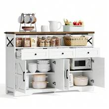 140cm Sideboard With Storage Space, Coffee Corner With 3 Drawers, Country-Style Console With Doors, Cupboards With Shelves, Ideal For The Kitchen, Living Room, Entrance Hall, Rustic White/Brown Style - 白色 - 查看 9