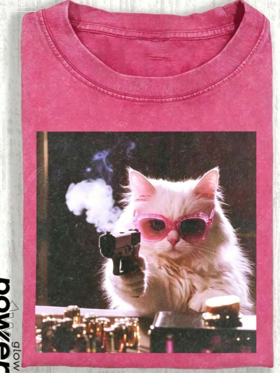 1pcsCute Cat Funny Graphic Graphic T-ShirtMen's Cotton T-Shirt, 230G Washed Short-Sleeve Suitable For Halloween, Christmas And Spring Festival Gifts - 玫紅色 - 查看 1