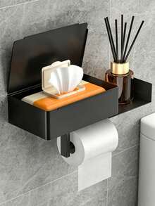 1pc Minimalist Black Wall-Mounted Toilet Paper Holder, Multifunctional Phone Holder, Suitable For Bathroom Decor, Autumn Decor - Black - View 1